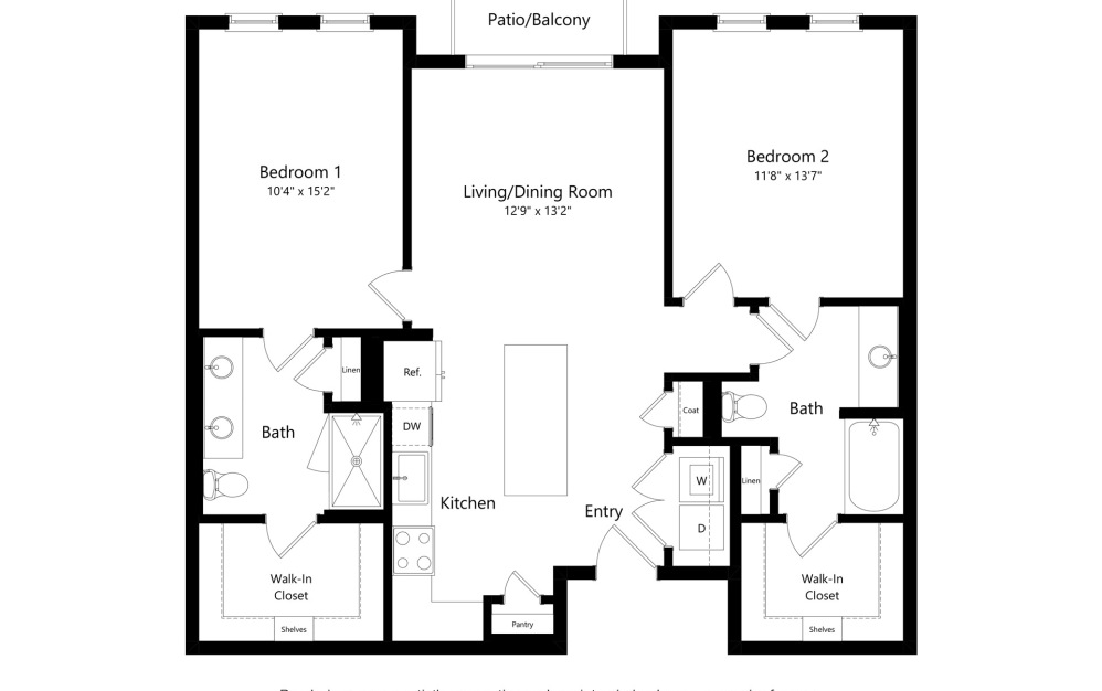 B2 - 2 bedroom floorplan layout with 2 bathrooms and 1129 - 1167 square feet (2D)