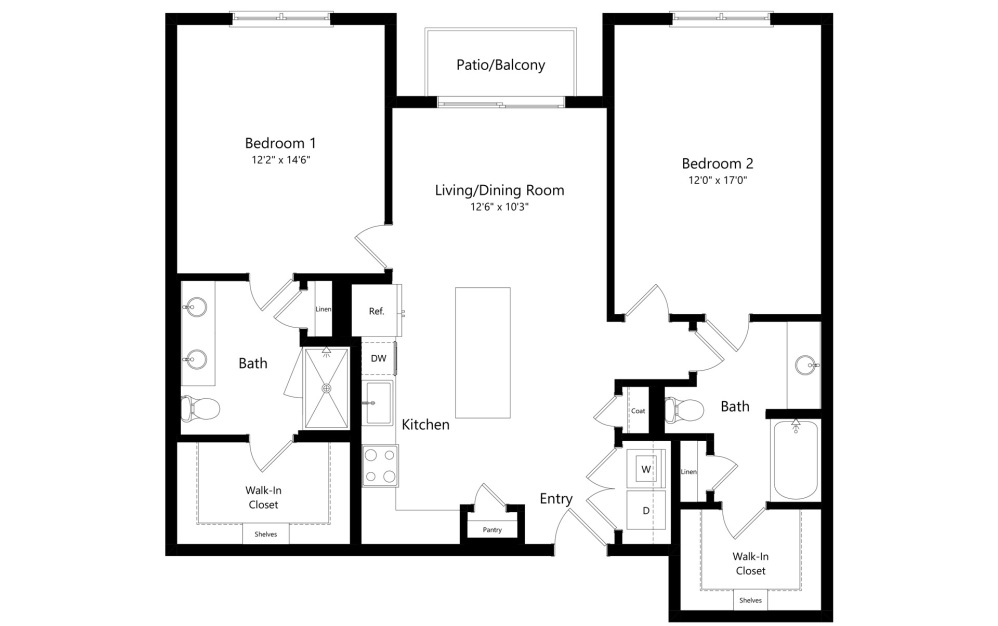 B3 - 2 bedroom floorplan layout with 2 bathrooms and 1209 square feet (2D)