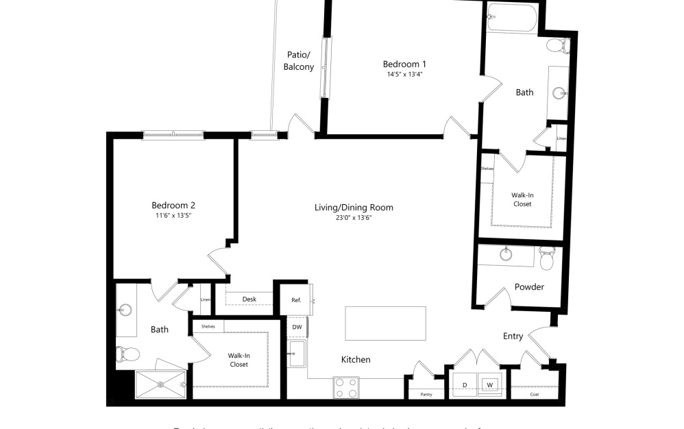 B4 - 2 bedroom floorplan layout with 2.5 bathrooms and 1470 square feet (2D)